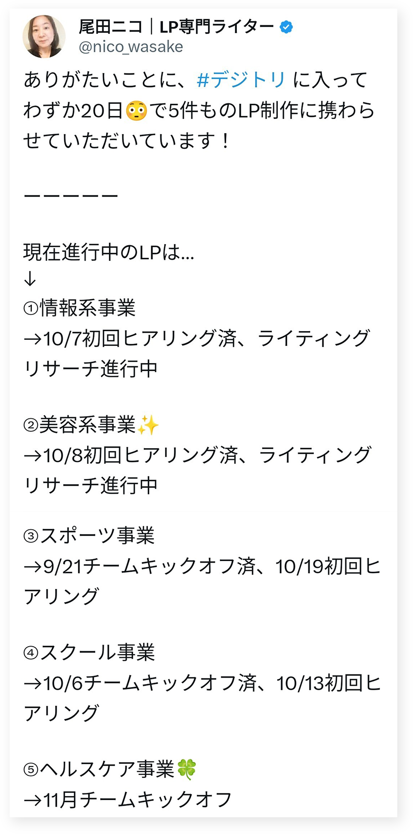 xでのライターからの投稿画面