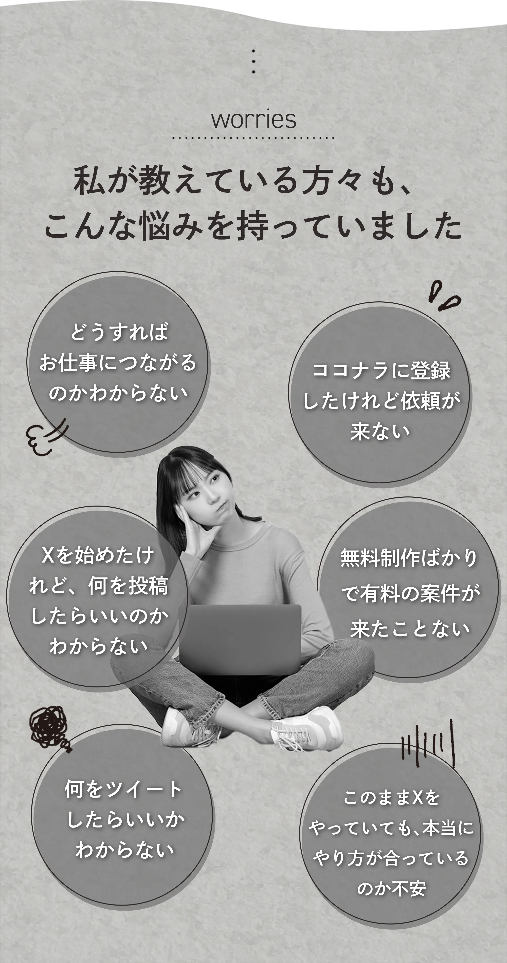 worries 私が教えている方々も、こんな悩みを持っていました どうすればお仕事につながるのかわからない ココナラに登録したけれど依頼が来ない Xを始めたけれど、何を投稿したらいいのかわからない 無料制作ばかりで有料の案件が来たことがない 何をツイートしたらいいかわからない このままXをやっていても、本当にやり方が会っているのか不安